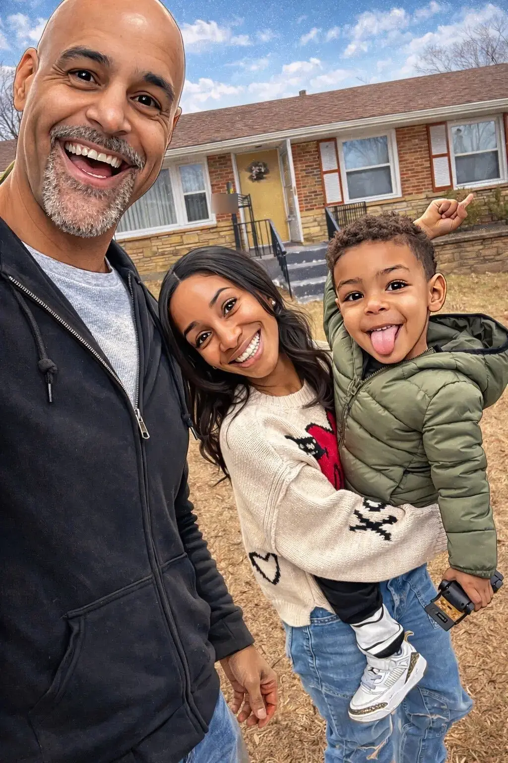 Henry with his wife and son in front of one of his rentals